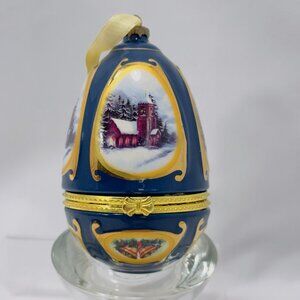 Porcelain Egg Christmas Tree Ornament Music Box Valerie Parr Hill- Church Scene